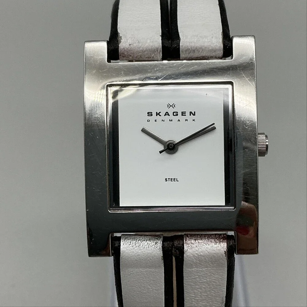 Skagen 228SSLW/8 Womens Watch 25mm White Dial Leather Stainless New Battery